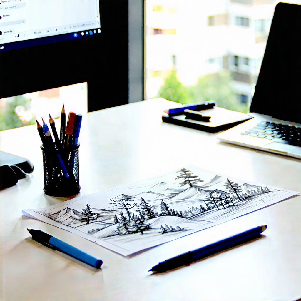 Business Ink Drawing: Workplace With Productivity Tools On Desk With Computer Desk