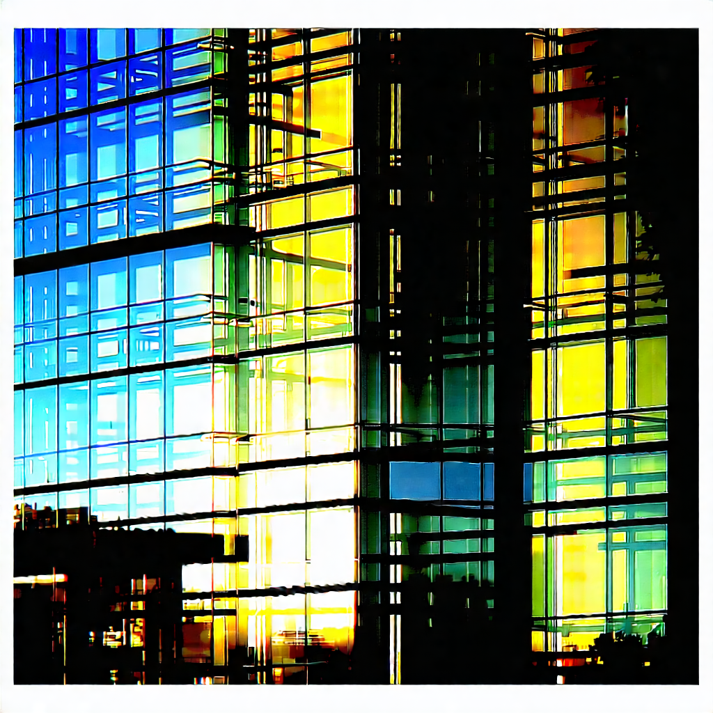 Urban Lithograph: Glass Office Tower With Dramatic Lighting With Large Building