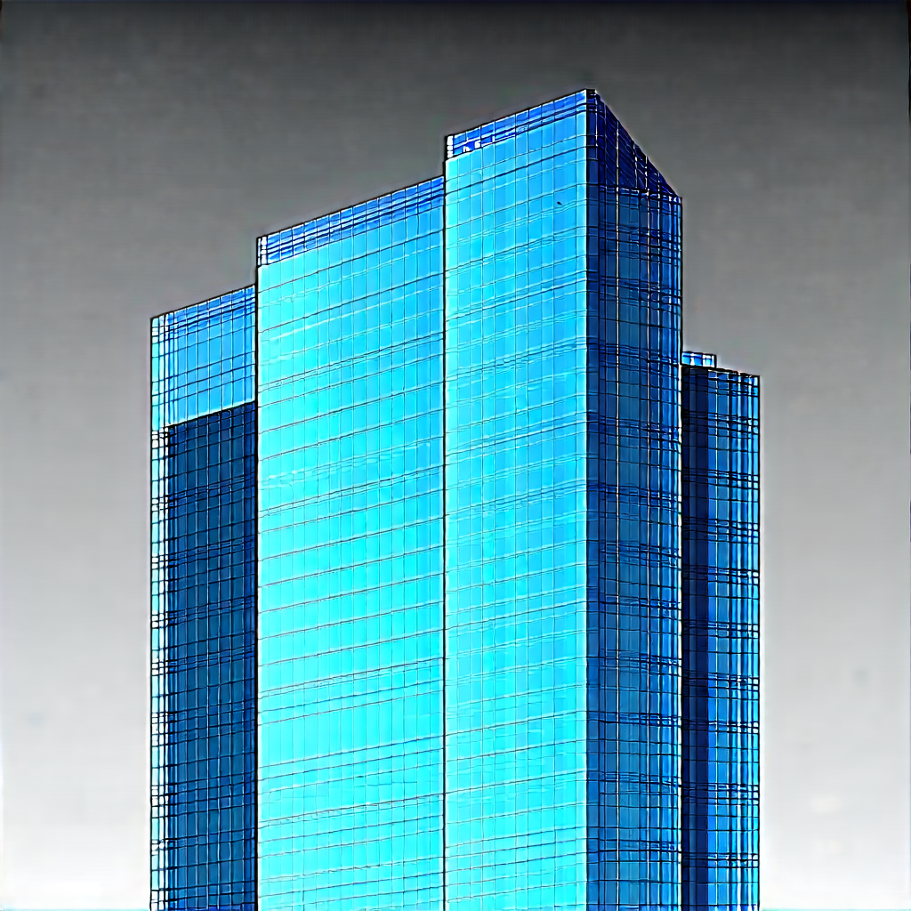 Urban Voxel Art: Glass Office Tower With Reflective Glass With Large, Blue