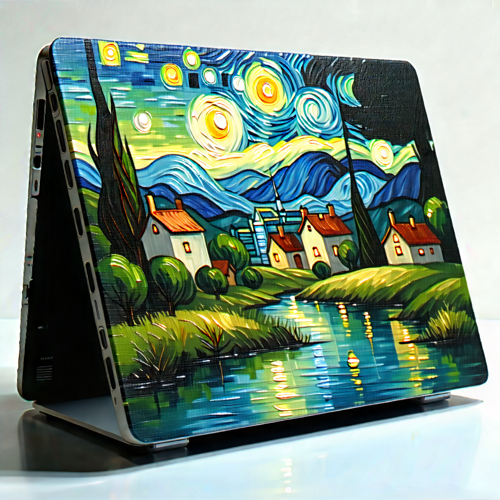 Tech Oil Painting: Laptop with digital artwork