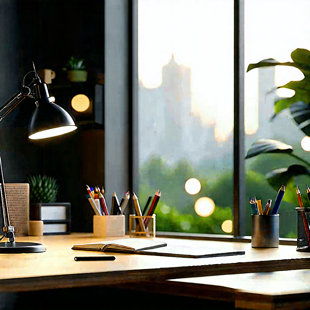 Lifestyle Digital Art: Home Office With (minimalist:1.22) Decor With Wooden Desk