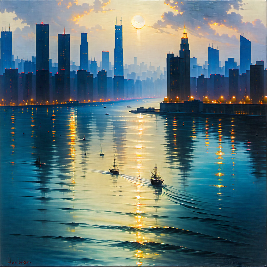 Urban Oil Painting: Cityscape Of (modern:1.43) Metropolis During Midday With Large City