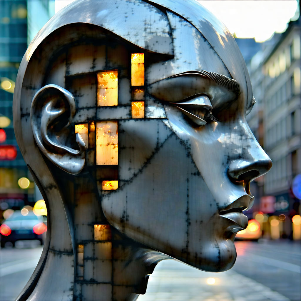 Urban Macro Photography: Modern sculpture with city lights