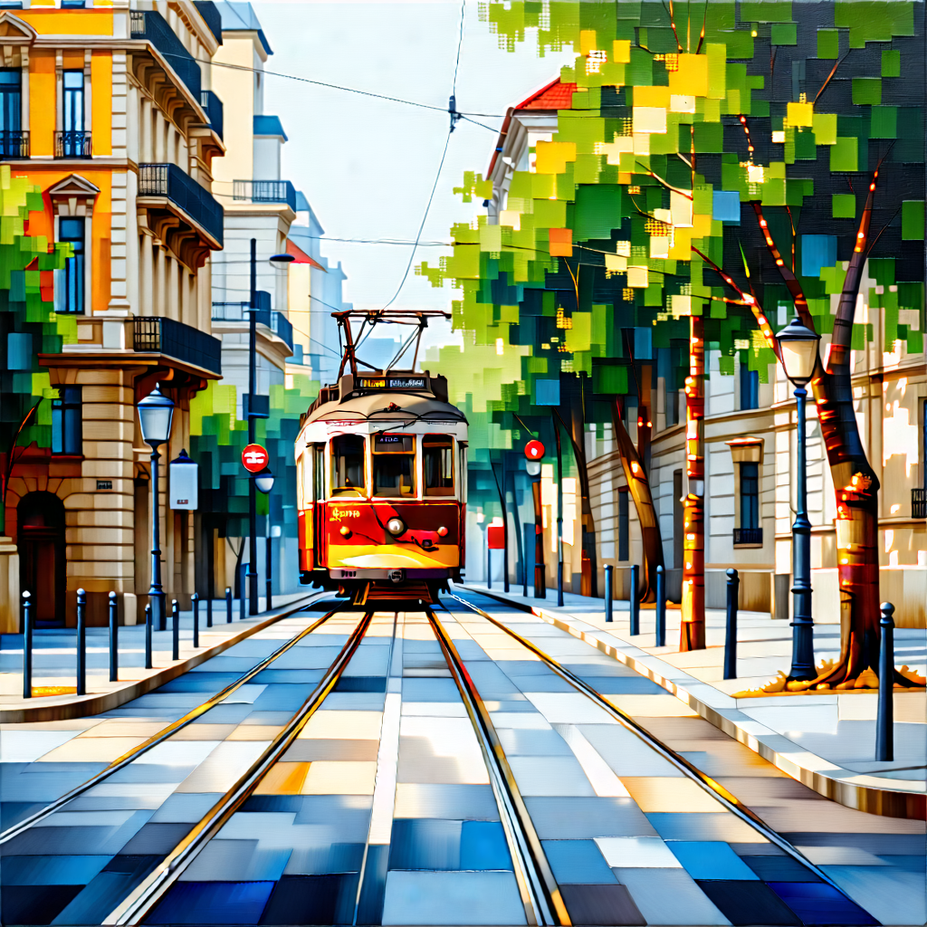 Urban Gouache Painting: City tram in quiet side street