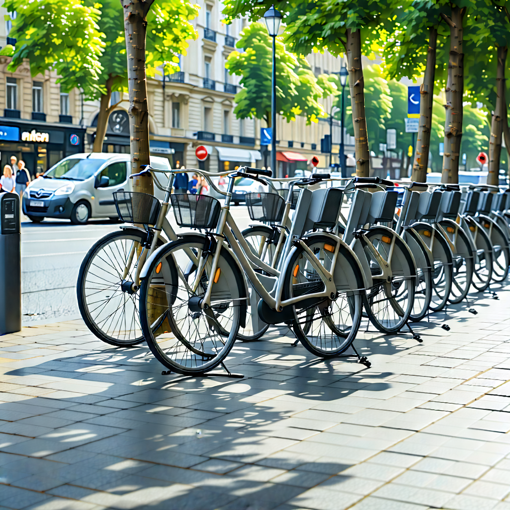 Urban Digital Art: City Bicycle Sharing In Main Avenue With There Bicycles