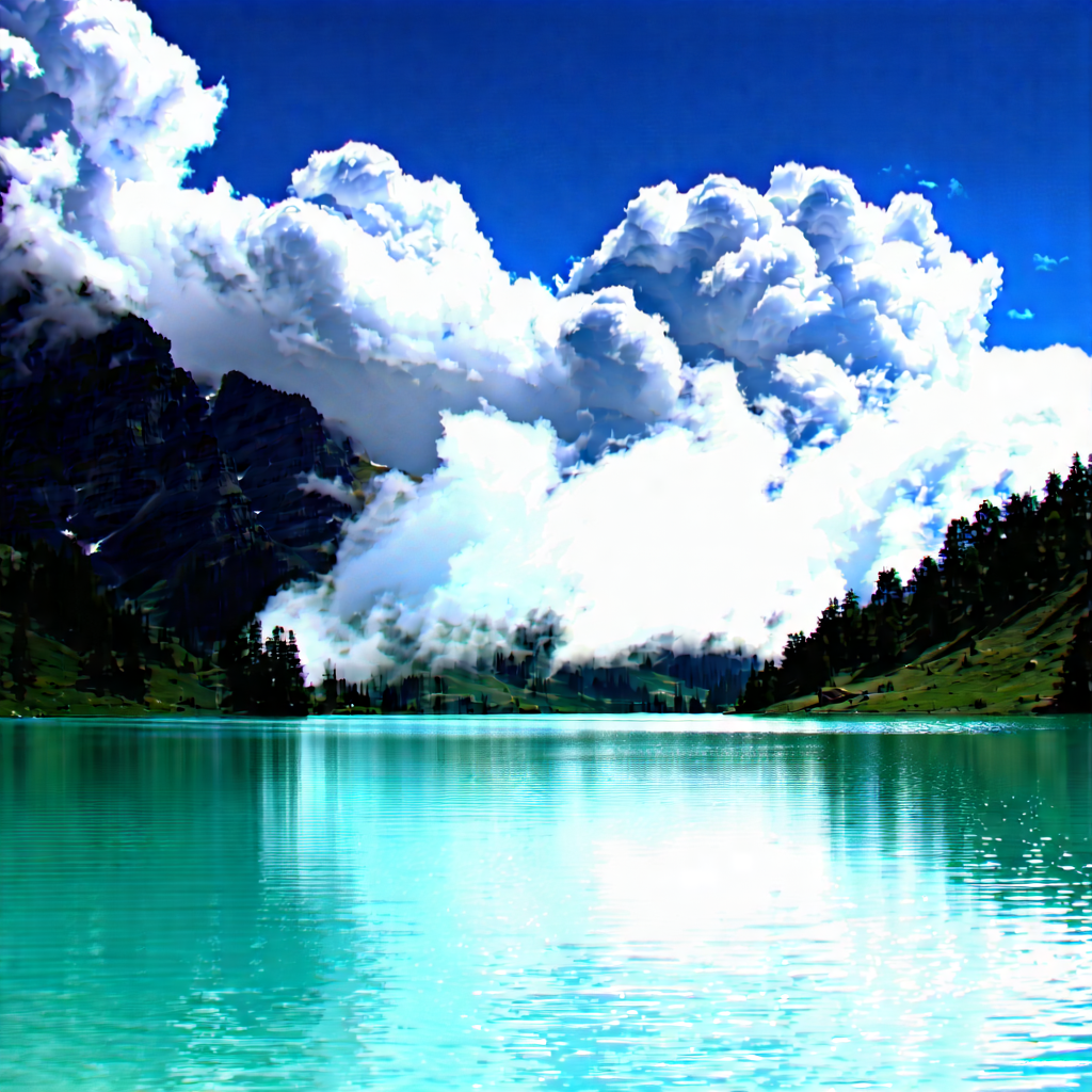 Nature Product Photography: (dramatic:1.21) (clouds:1.49) Over Alpine Lake With Serene Lake