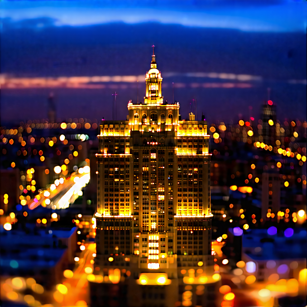 Urban Drone Photography: Famous Building With City Lights With Nighttime View