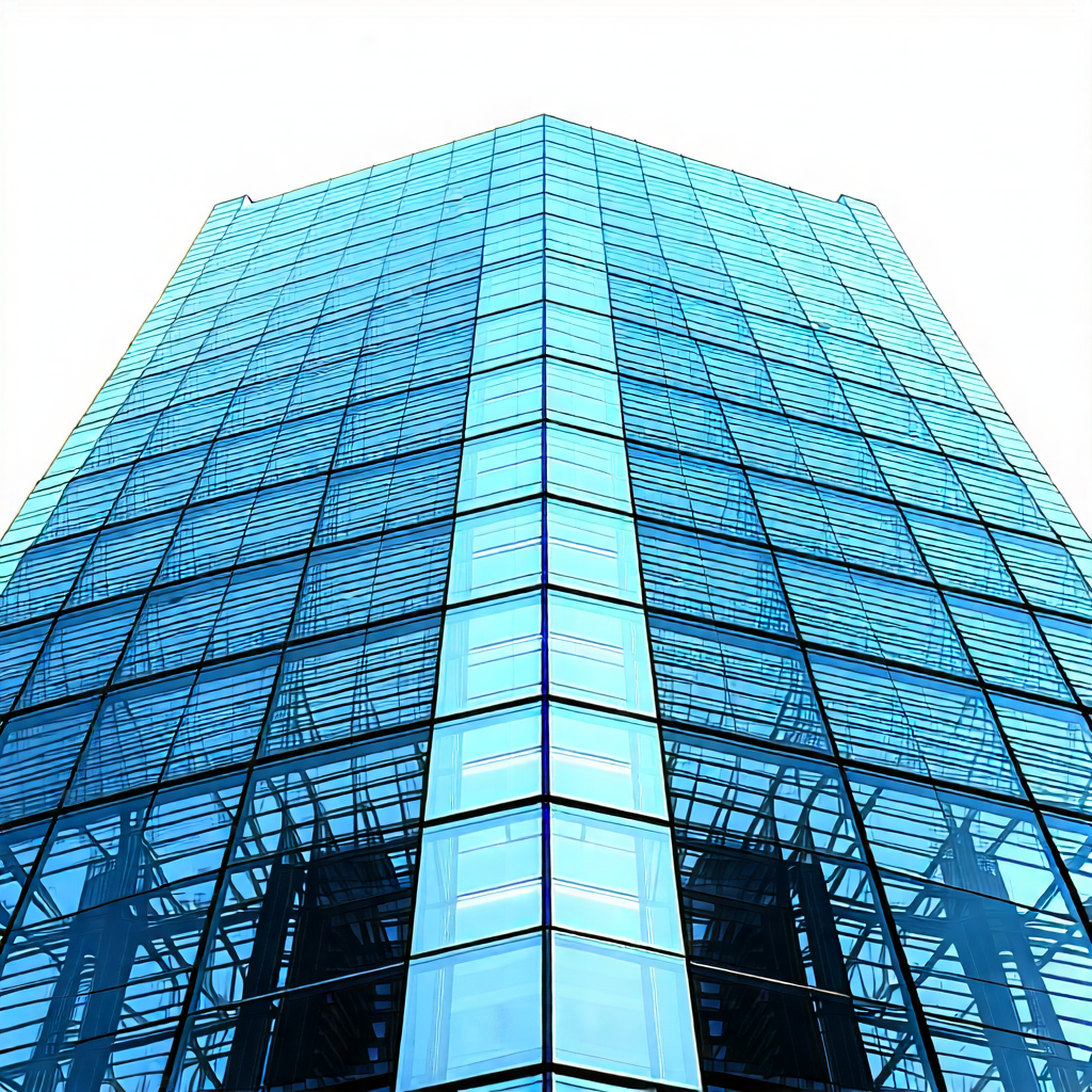 Urban Editorial Photography: Glass Office Tower With (minimalist:1.36) Design With Tall, Blue