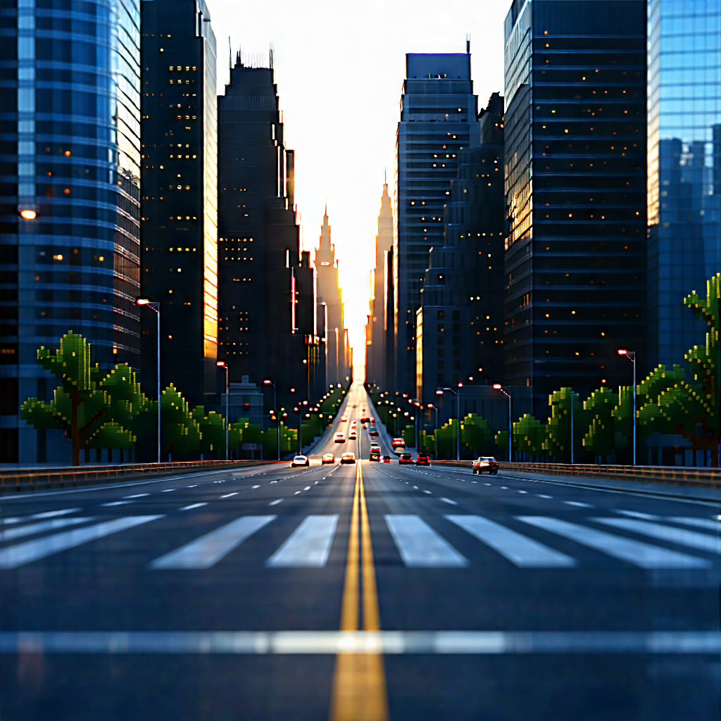 Urban Long Exposure Photography: Cityscape Of Downtown District During (sunset:1.46) With Computer-generated (cgi)