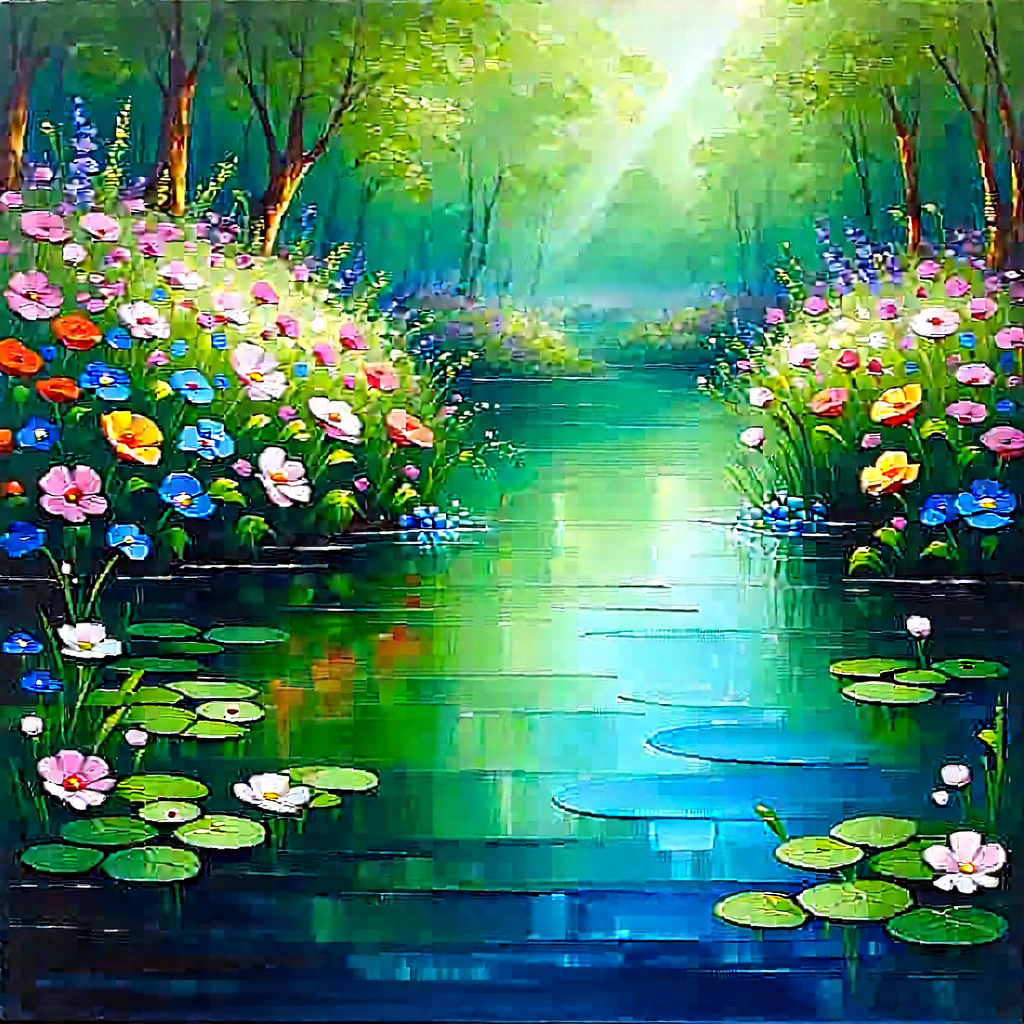 Nature Acrylic Painting: Tranquil pond surrounded by wildflowers