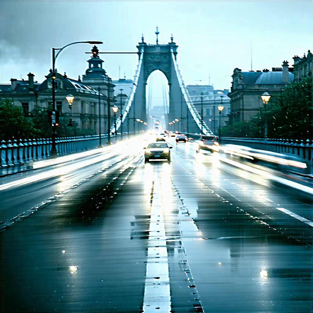Urban Editorial Photography: Iconic Bridge With Rain-slicked Streets With Captures Busy