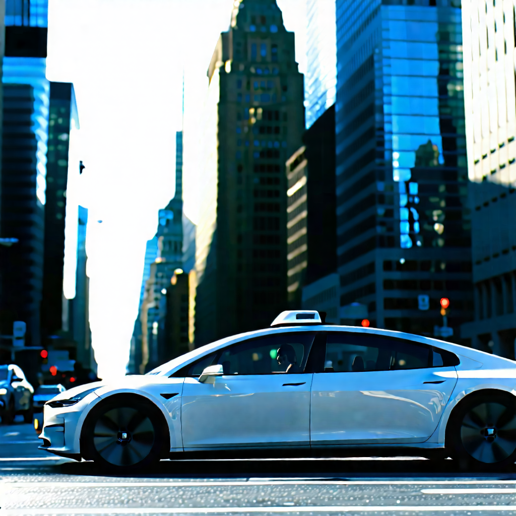 Urban Matte Painting: City Rideshare In Financial District With White Tesla