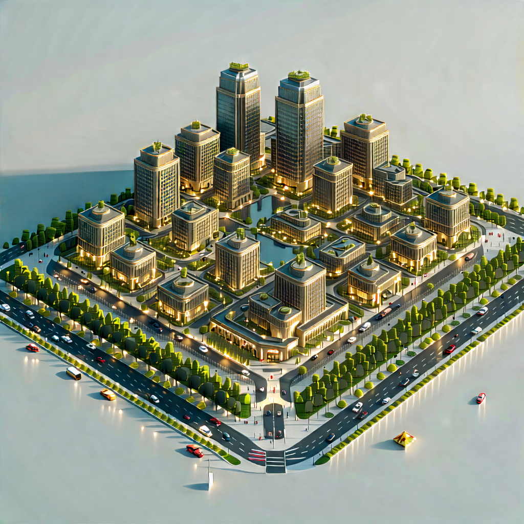 Urban Concept Art: Aerial View Of Cultural District With Large City