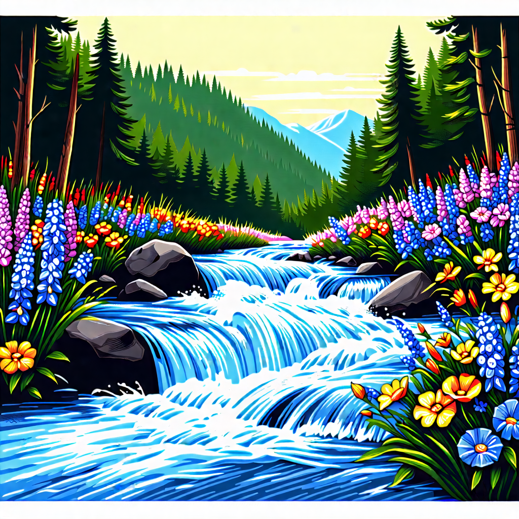 Nature Linocut Print: Rushing River Surrounded By Wildflowers With Beautiful Waterfall