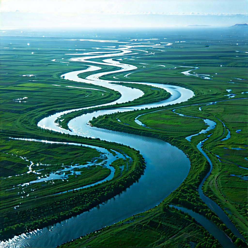 Nature Blueprint Style: Aerial view of winding (river:1.37)