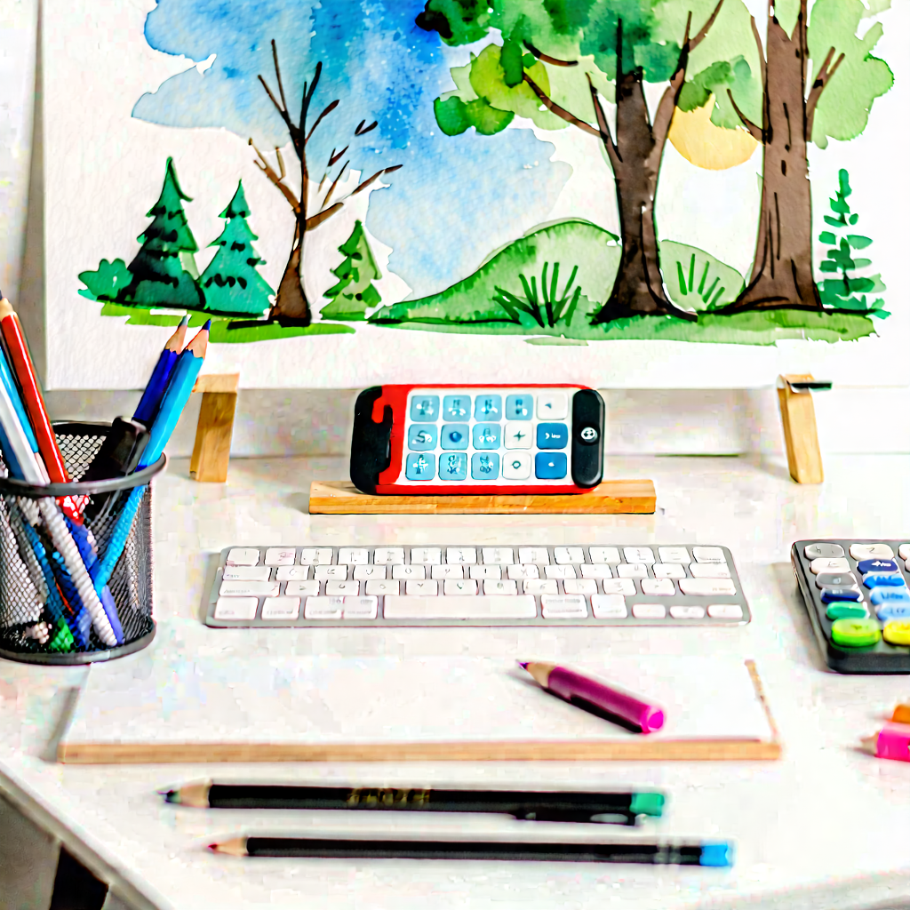 Business Watercolor Painting: Workplace With Productivity Tools On Desk With Table Keyboard