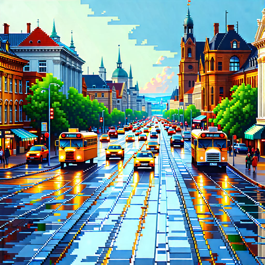 Urban Voxel Art: Cityscape of historic (city:1.3) center during rush hour