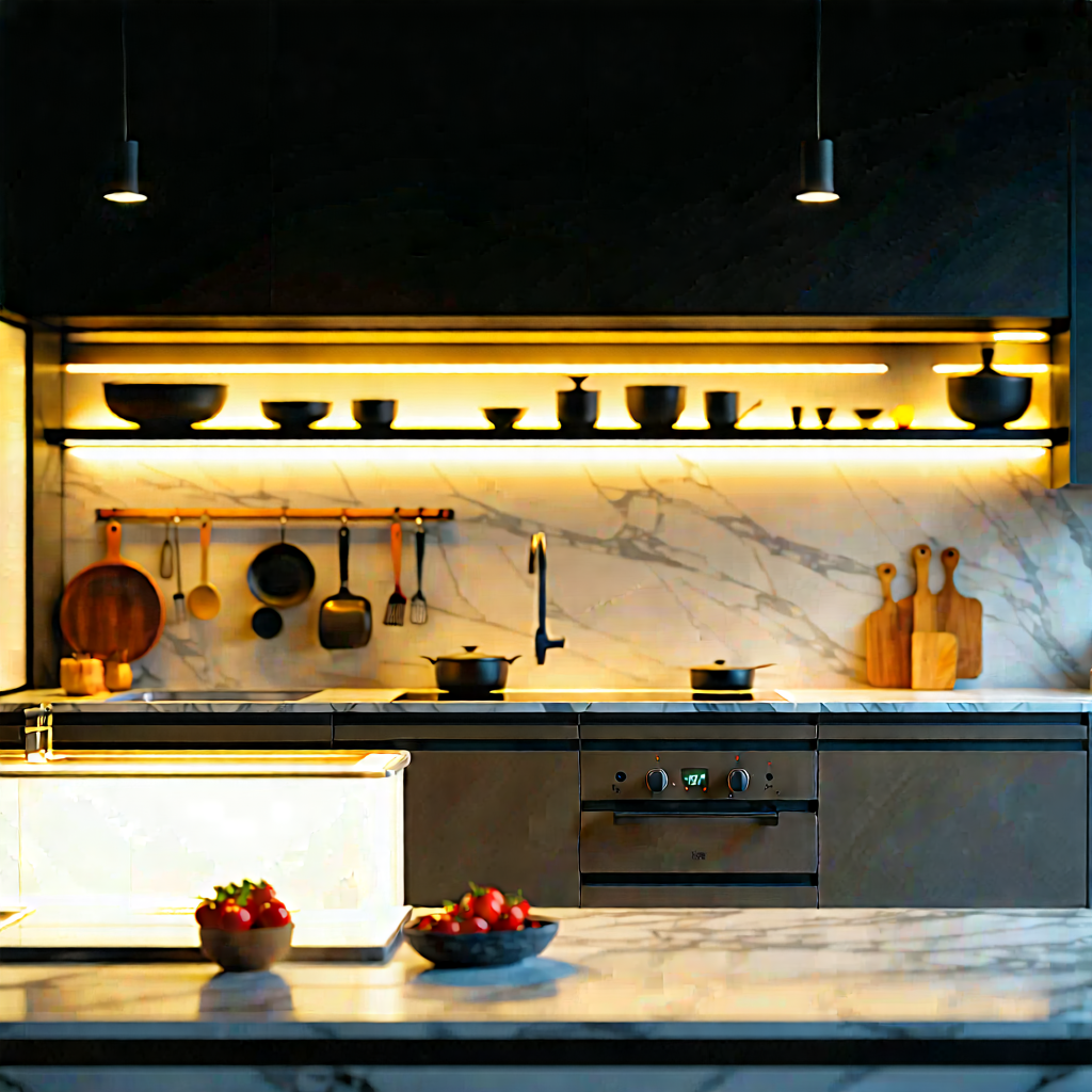 Lifestyle Tilt-shift Photography: Modern Kitchen With Warm Lighting With Large, Modern