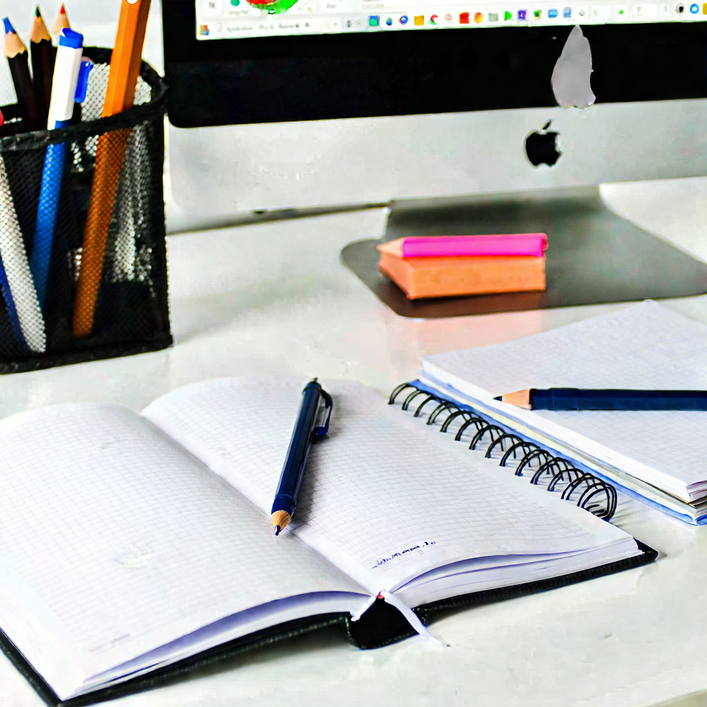 Business Minimalist Design: Workplace with notebooks and pens on desk