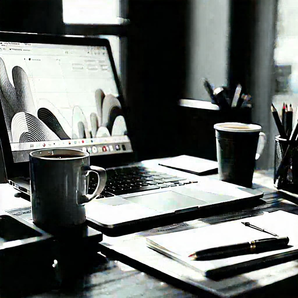 Business Etching: Workplace with laptop and coffee on desk