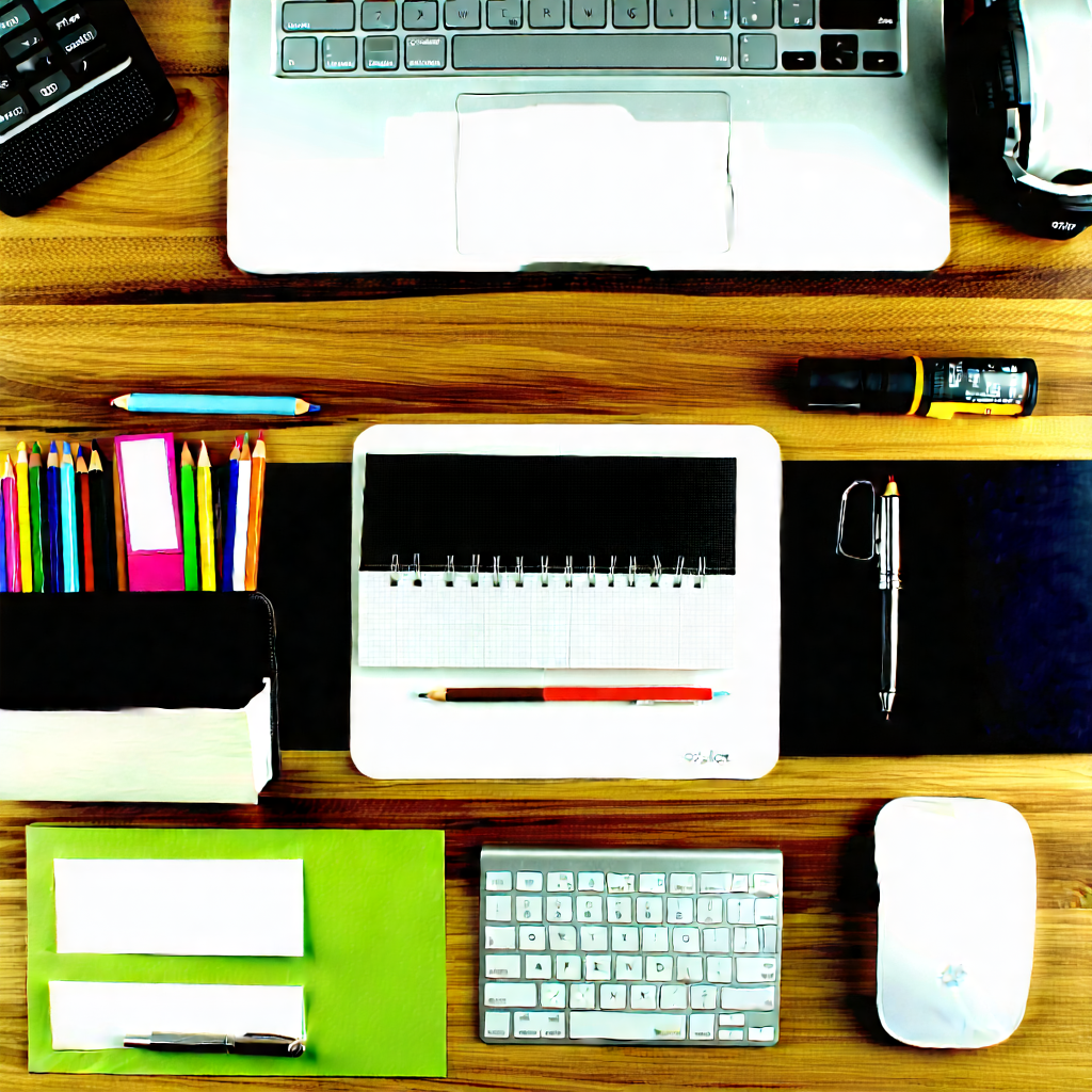 Business Aerial Photography: Workplace with productivity tools on desk