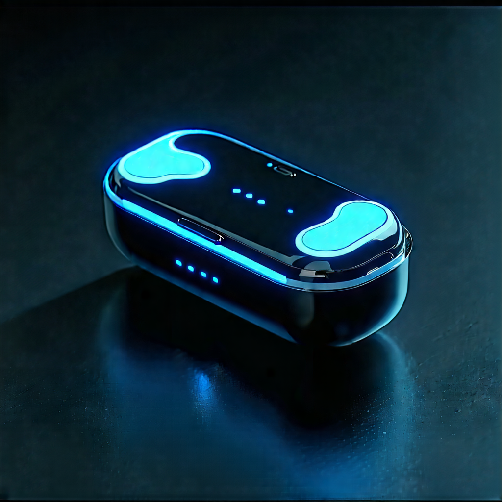 Tech Digital Art: Wireless earbuds with glowing screen