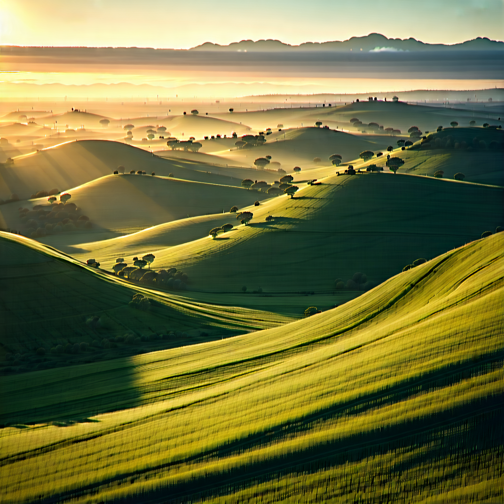 Nature Concept Art: Rolling Hills During Golden Hour With Beautiful Landscape