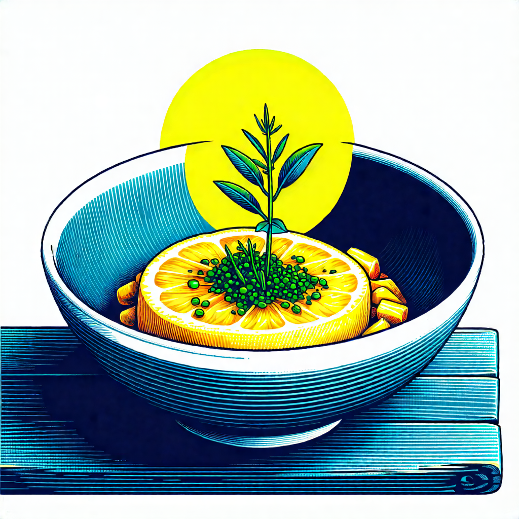 Lifestyle Woodcut Print: Plant-based Dish Prepared With Organic Components With Bowl Filled