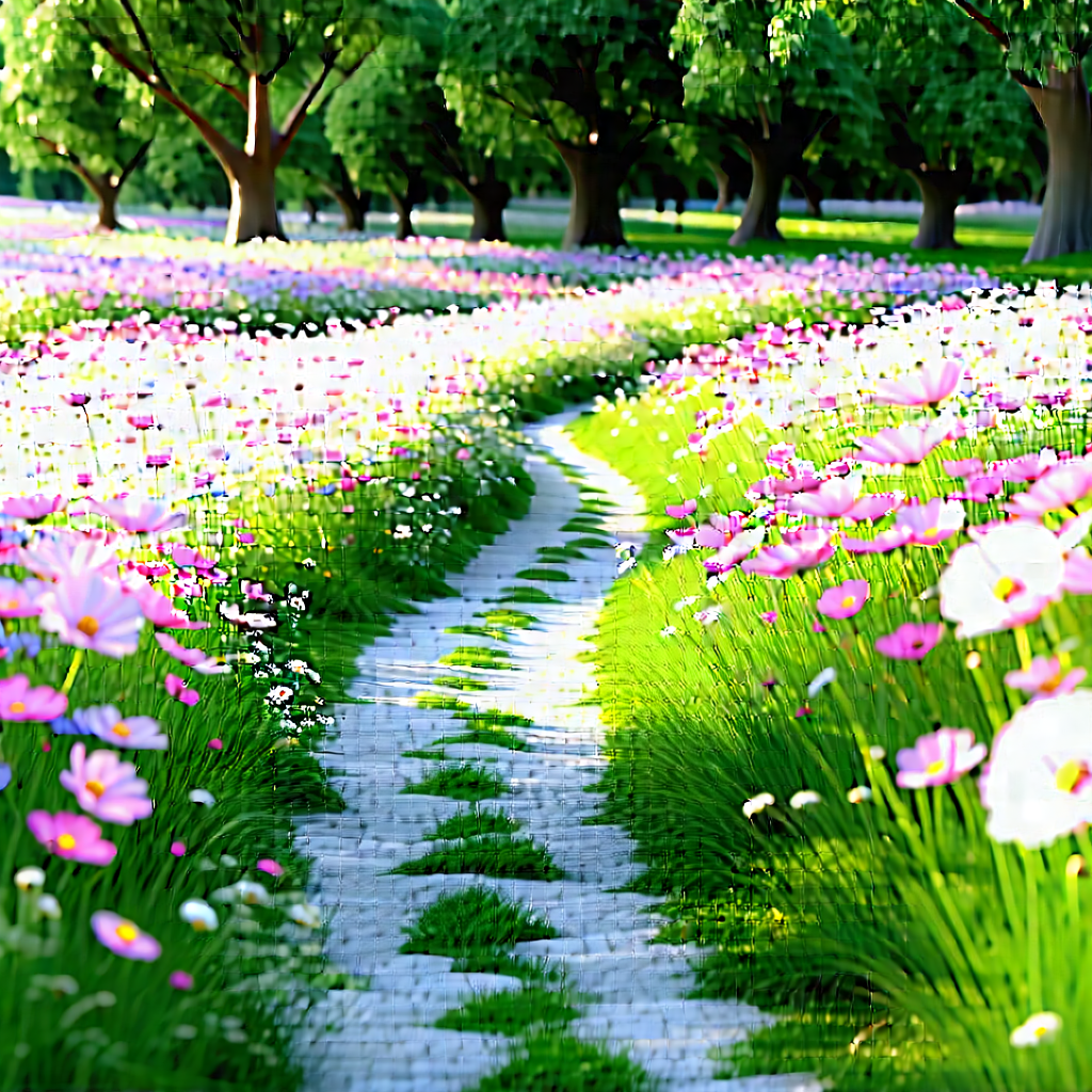 Nature 3d Render: Path Through Flowering Meadow With Pathway Lined