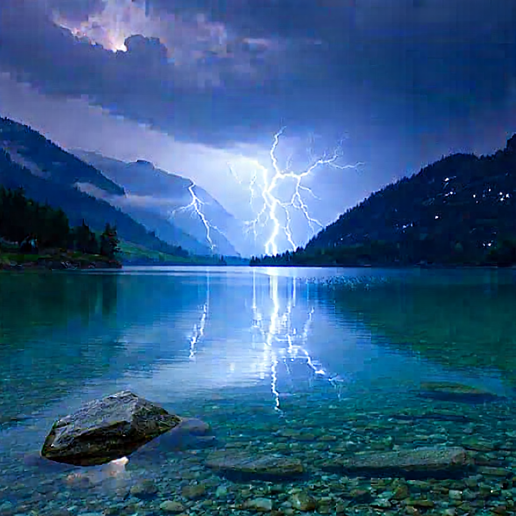 Nature Tilt-shift Photography: Lightning Over Alpine Lake With Lightning Bolt