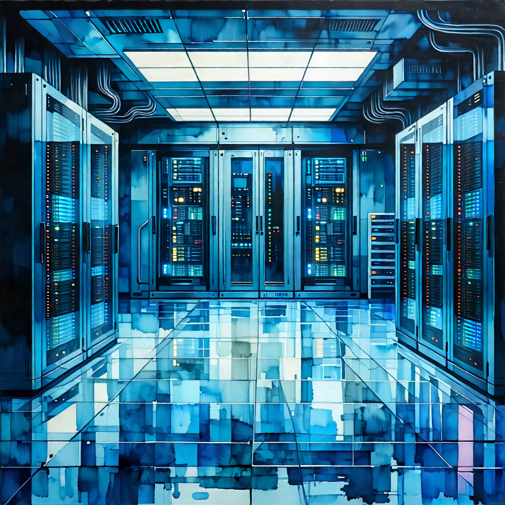 Tech Watercolor Painting: (futuristic:1.21) Server Room With Image, There