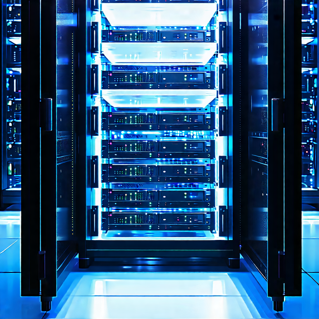 Tech Landscape Photography: Server rack with holographic projection