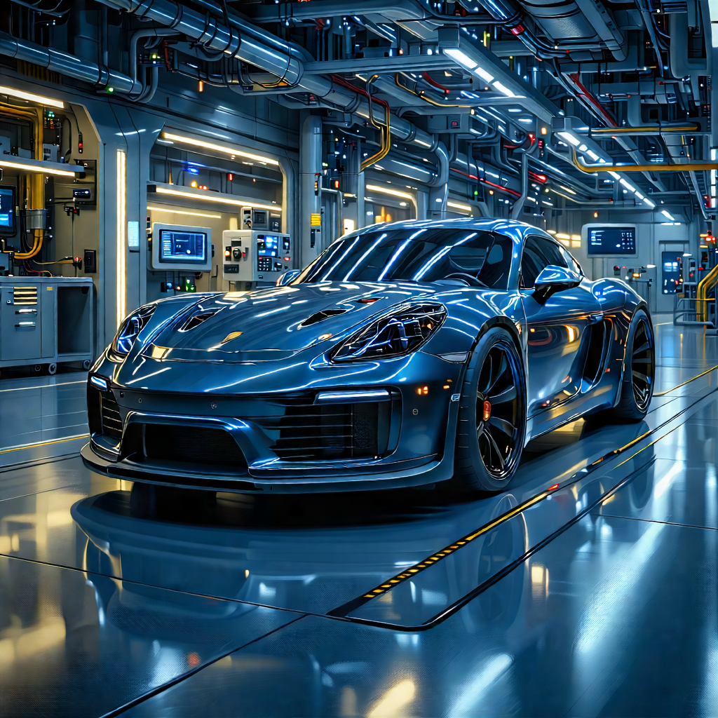 Tech Blender Artwork: Automotive Technology In Manufacturing Facility With Silver Sports