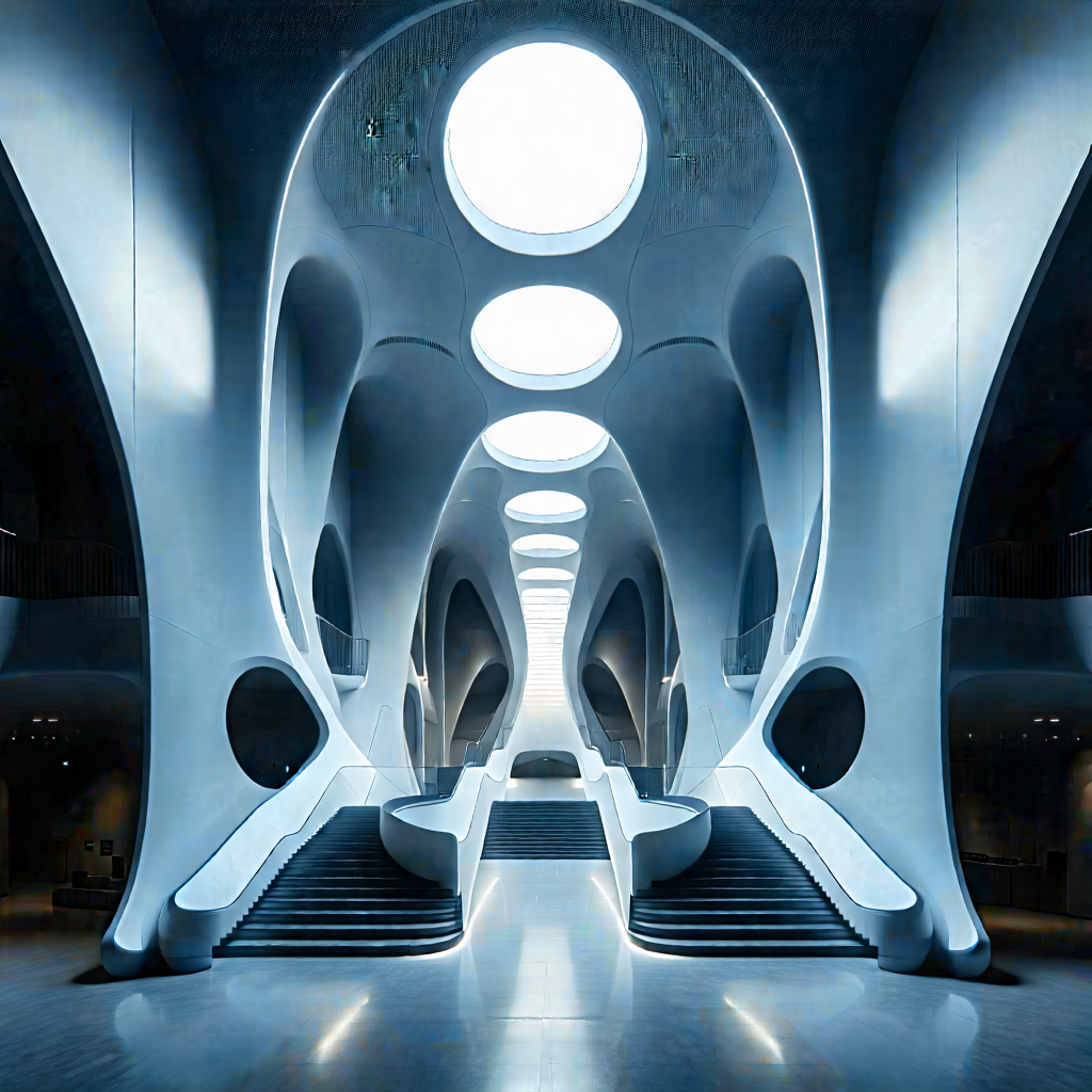 Tech Architectural Photography: (futuristic:1.25) Innovation Hub With Large, Modern