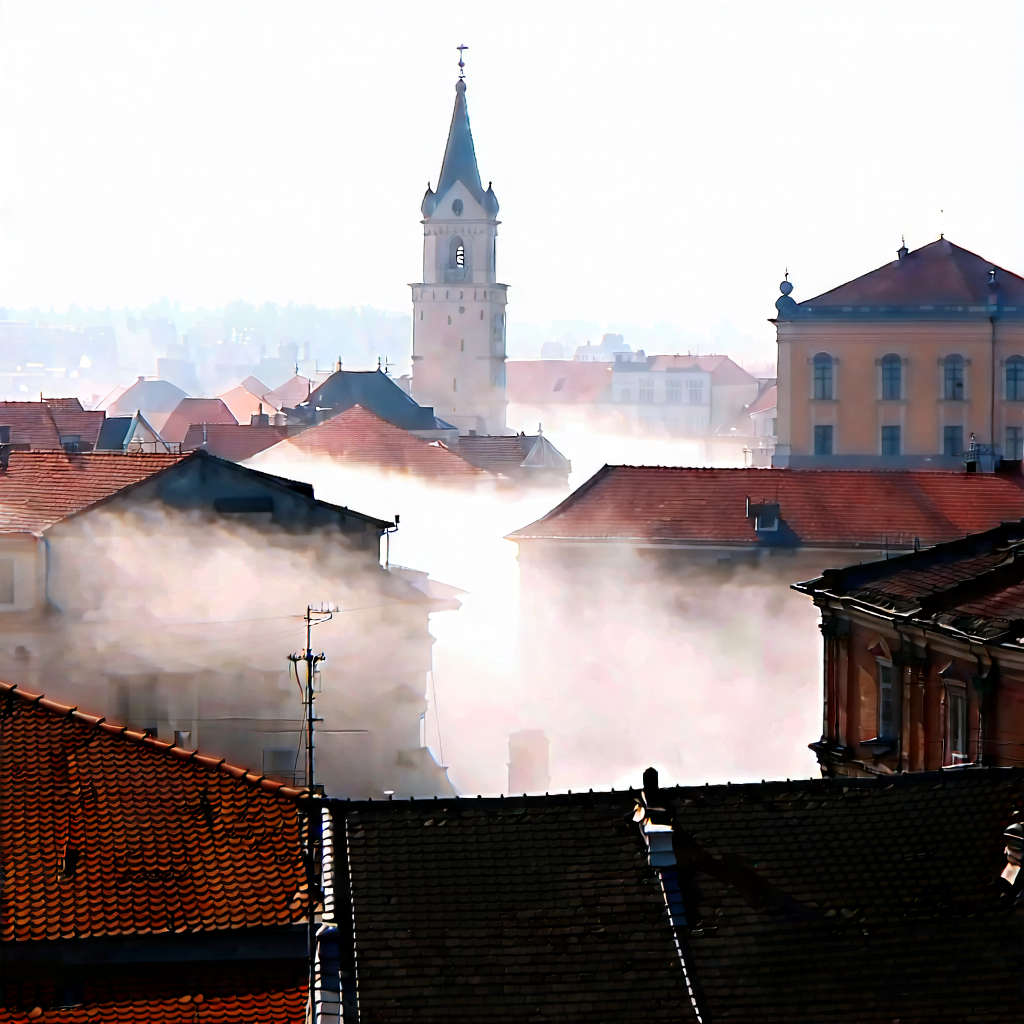 Urban Architectural Photography: Cityscape Of Historic City Center During Foggy Morning With Cityscape Large