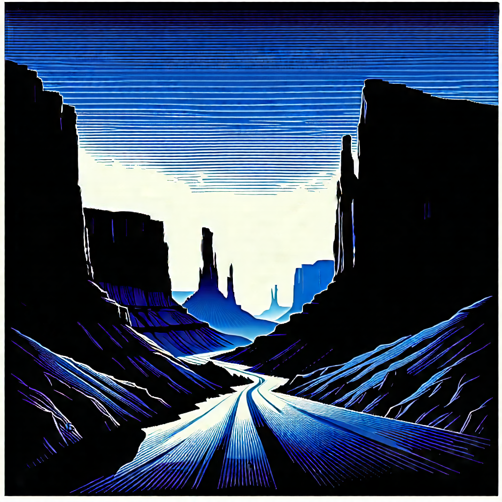 Nature Linocut Print: Canyon During Blue Hour With Blue White