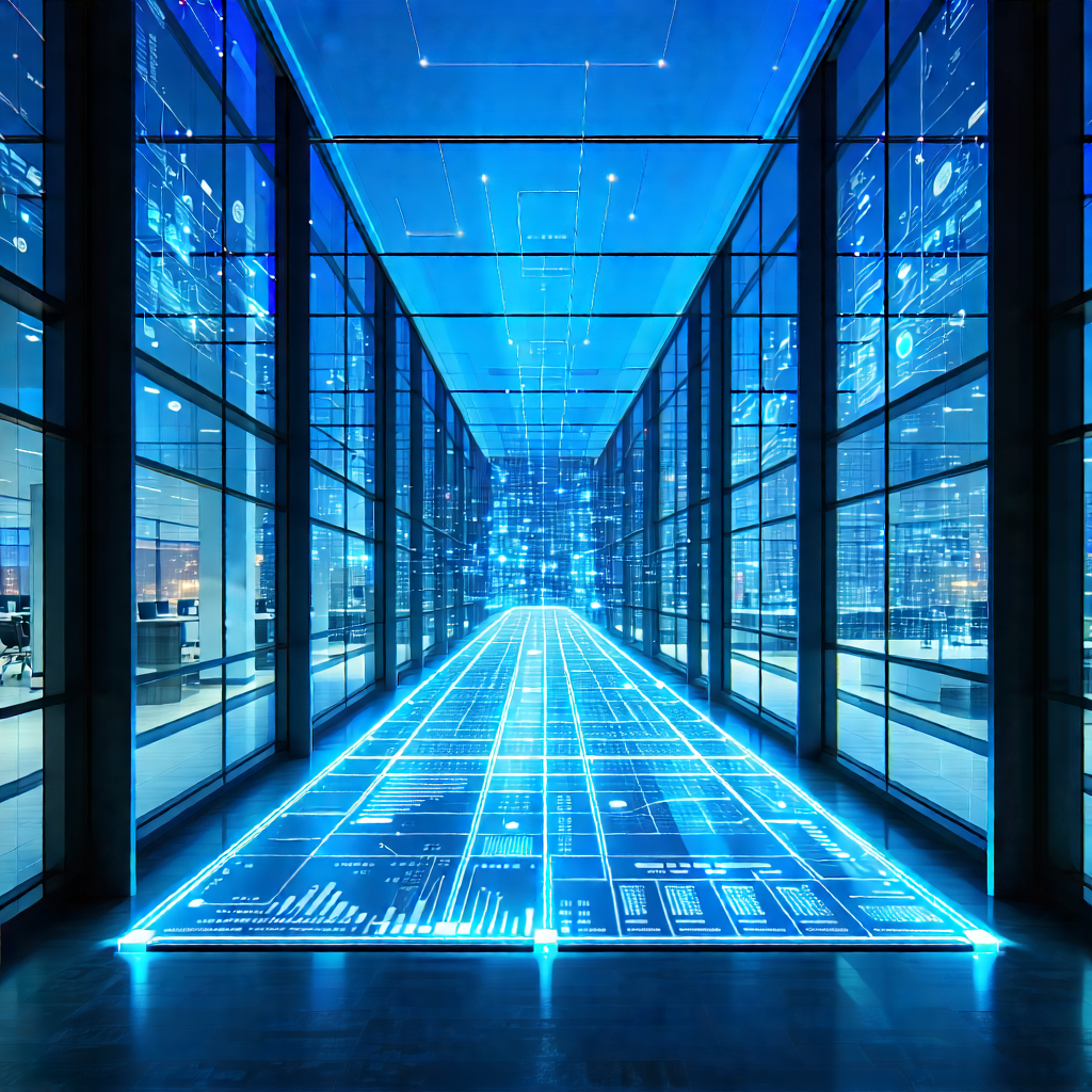 Tech Architectural Photography: Financial Technology In Research Center With Long Hallway