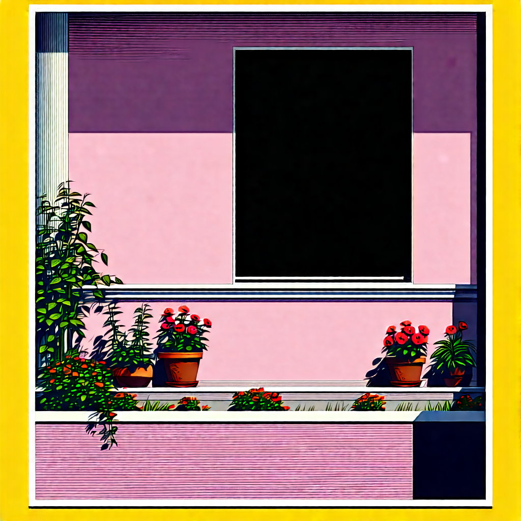 Lifestyle Woodcut Print: Balcony Garden With (minimalist:1.16) Decor With Pink Wall