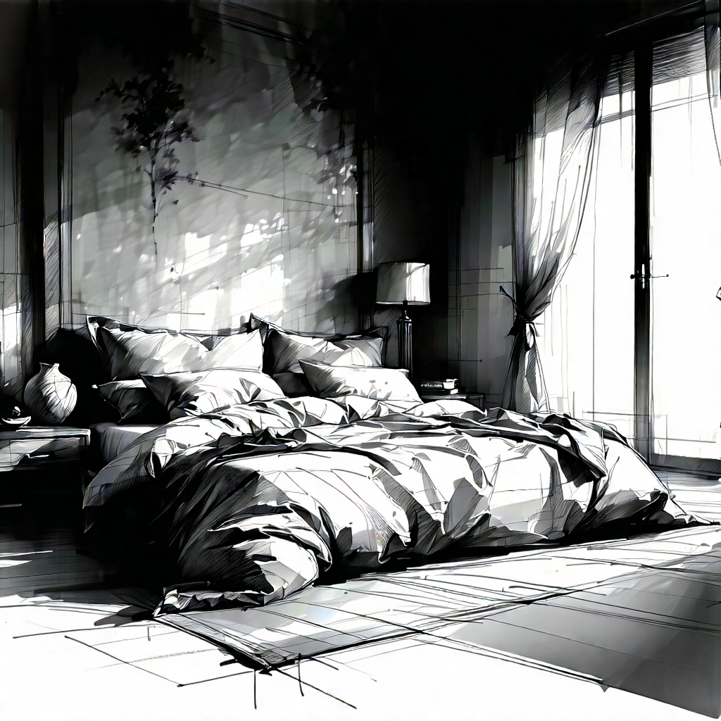 Lifestyle Pencil Sketch: Bedroom sanctuary with comfortable textiles