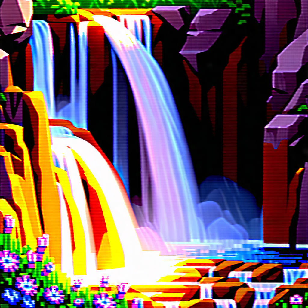 Nature Digital Art: Waterfall Pool Surrounded By Wildflowers With Colorful, Computer-generated