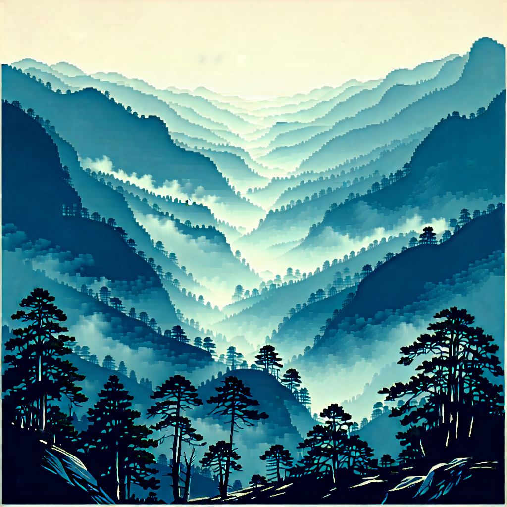 Nature Linocut Print: Valley During Foggy Morning With Blue White