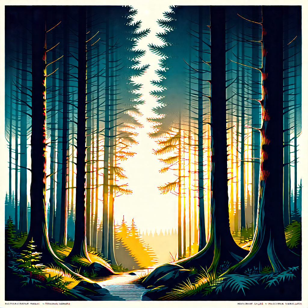 Nature Linocut Print: (forest:1.45) Scene During Golden Hour With Beautifully Drawn