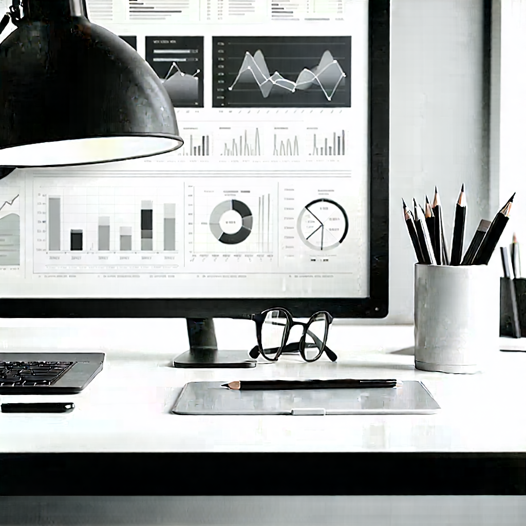 Business Lithograph: Workplace with productivity tools on desk