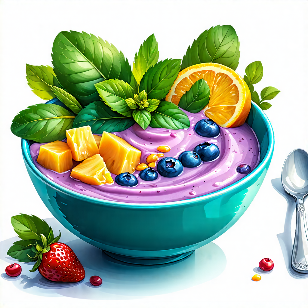 Lifestyle Gouache Painting: Smoothie Bowl Prepared With Fresh Ingredients With Large Bowl
