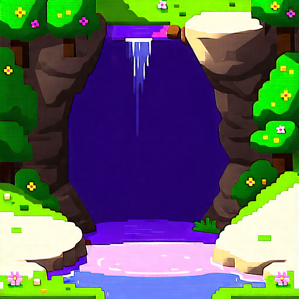 Nature Flat Design: Waterfall Pool Surrounded By Wildflowers With Image, There