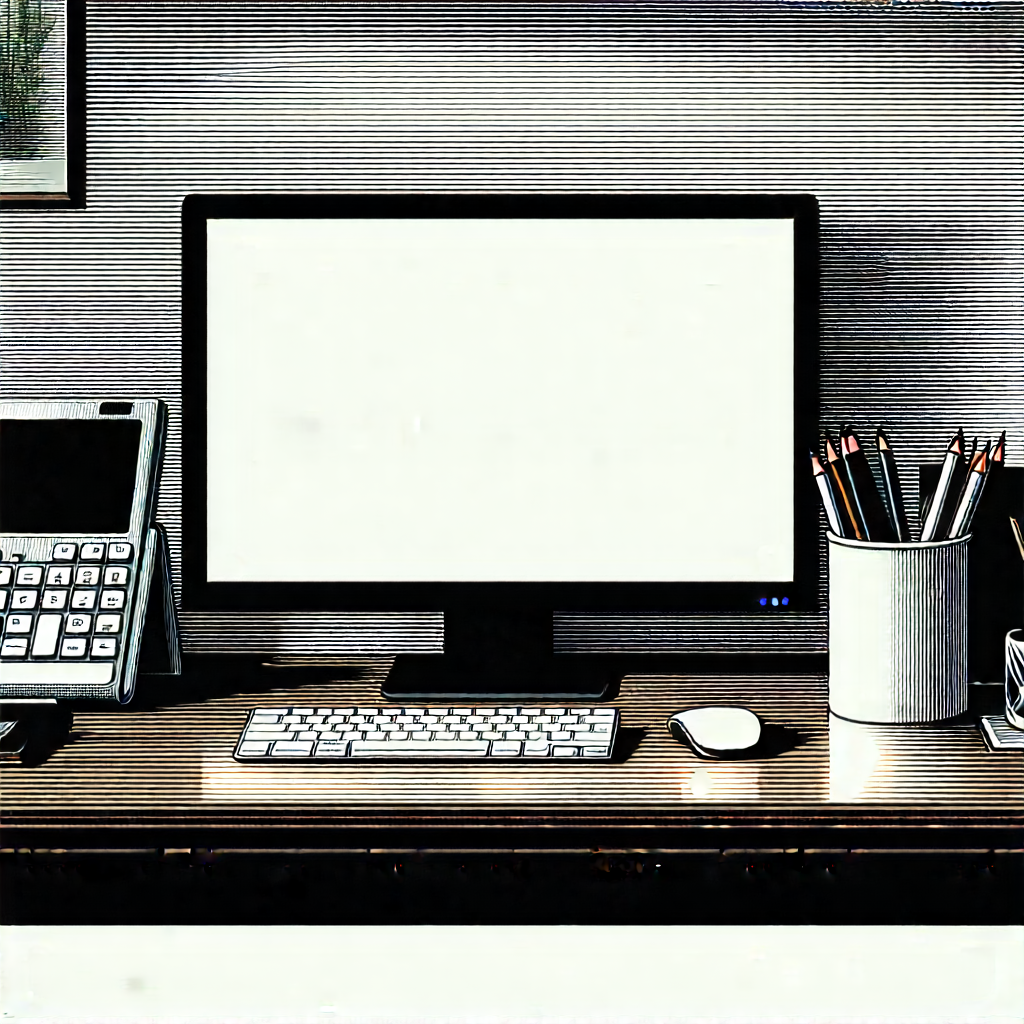 Business Linocut Print: Workplace With Digital (devices:1.36) On Desk With Computer Monitor