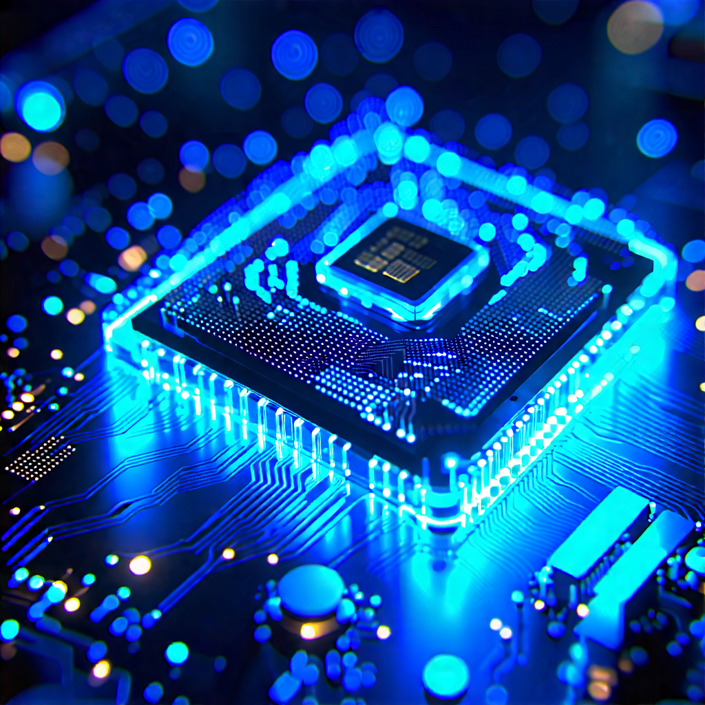 Tech Digital Illustration: Quantum computer with blue light glow