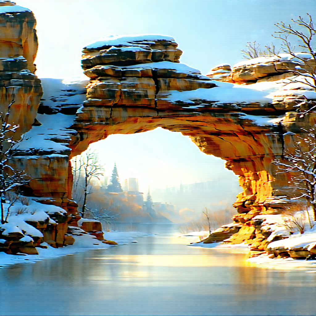 Nature Hdr Photography: Natural Arch In Winter Snow With Beautiful Waterfall