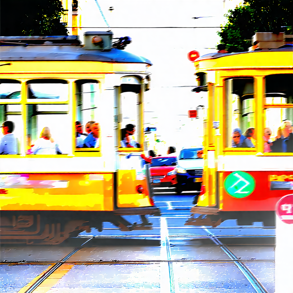 Urban Pastel Drawing: City tram in busy intersection