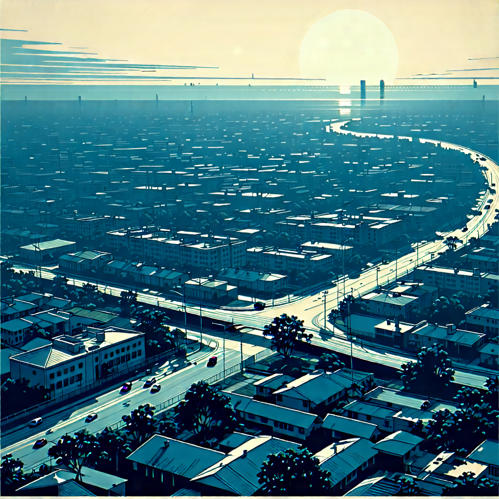 Urban Linocut Print: Aerial View Of Urban Renewal Area With Blue White